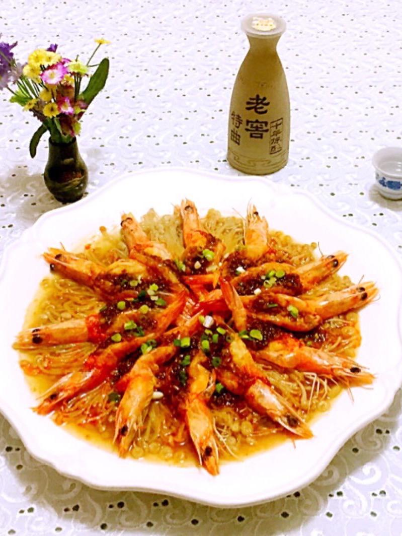 蒜蓉海蝦蒸金針菇的做法-家常味蒸菜譜